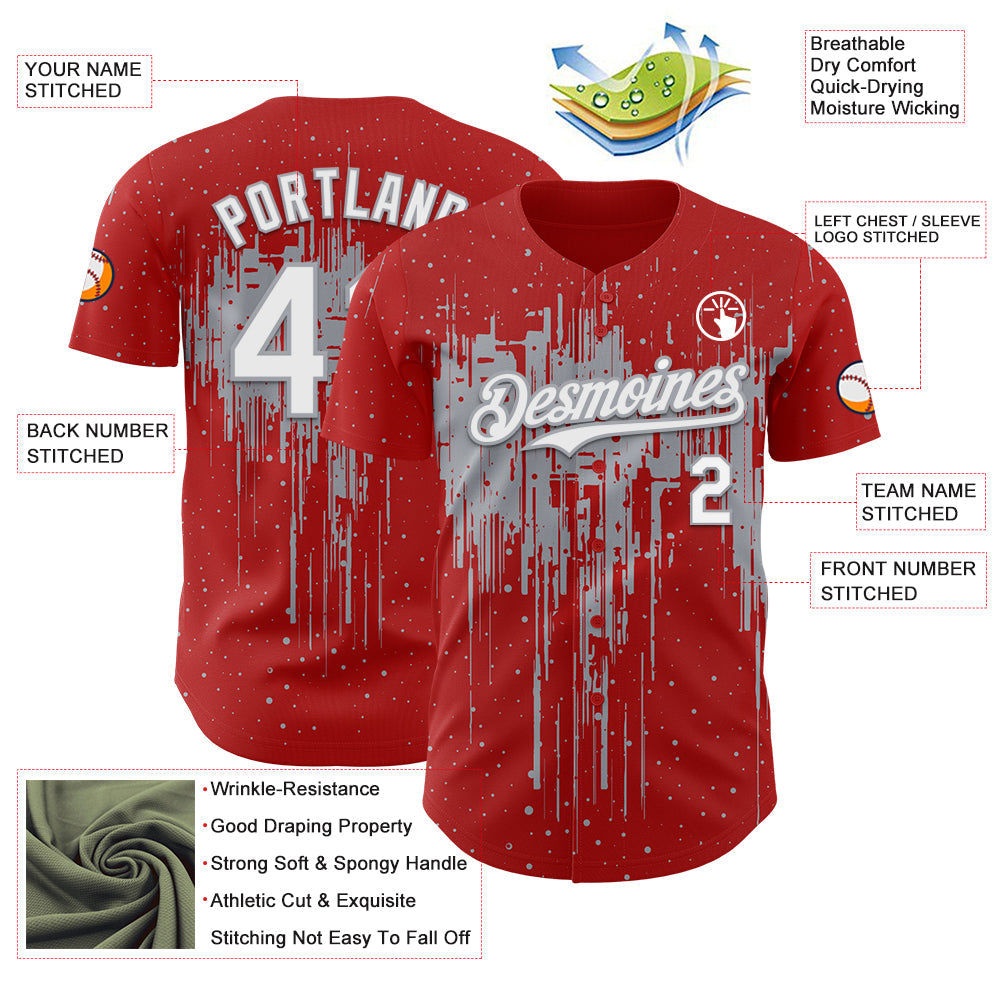 Custom Red White-Gray Dripping Splatter Paint Authentic Baseball Jersey view 3