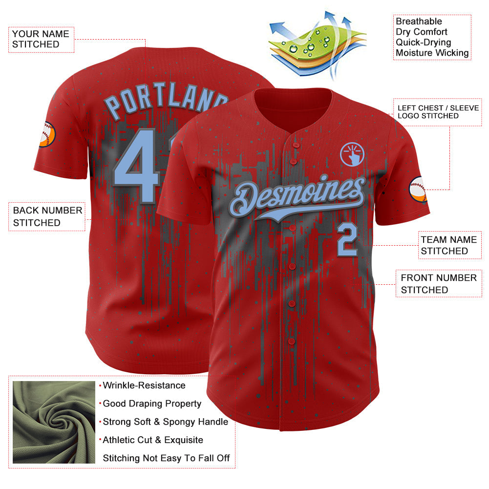 Custom Red Light Blue-Steel Gray Dripping Splatter Paint Authentic Baseball Jersey view 3