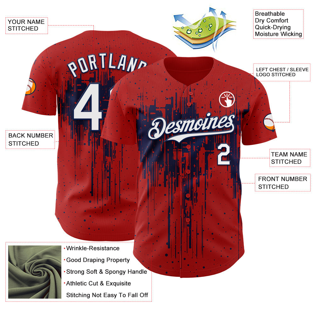 Custom Red White-Navy Dripping Splatter Paint Authentic Baseball Jersey view 3