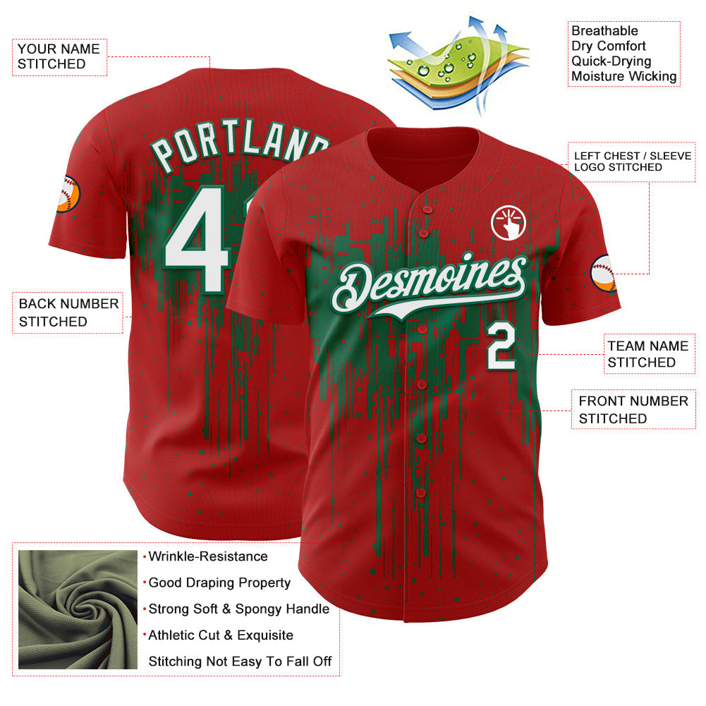 Custom Red White-Kelly Green Dripping Splatter Paint Authentic Baseball Jersey view 3