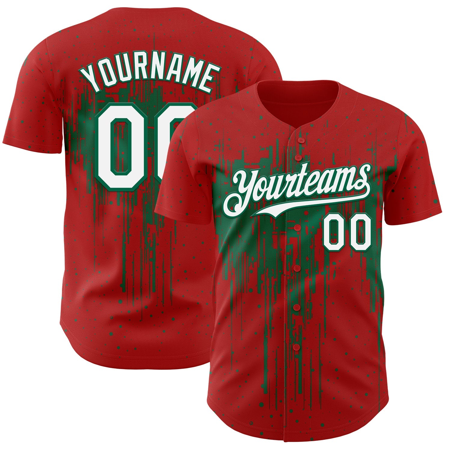 Custom Red White-Kelly Green Dripping Splatter Paint Authentic Baseball Jersey - Main View