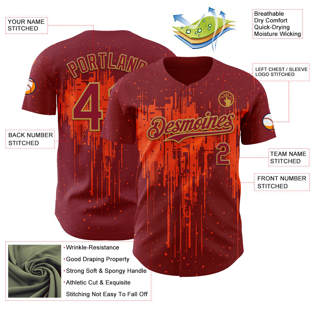 Custom Crimson Old Gold Orange Dripping Splatter Paint Authentic Baseball Jersey view 3