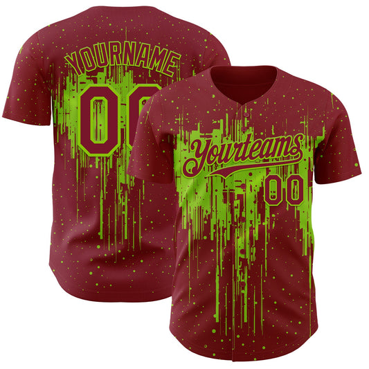 Custom Crimson Neon Green Dripping Splatter Paint Authentic Baseball Jersey - Main View