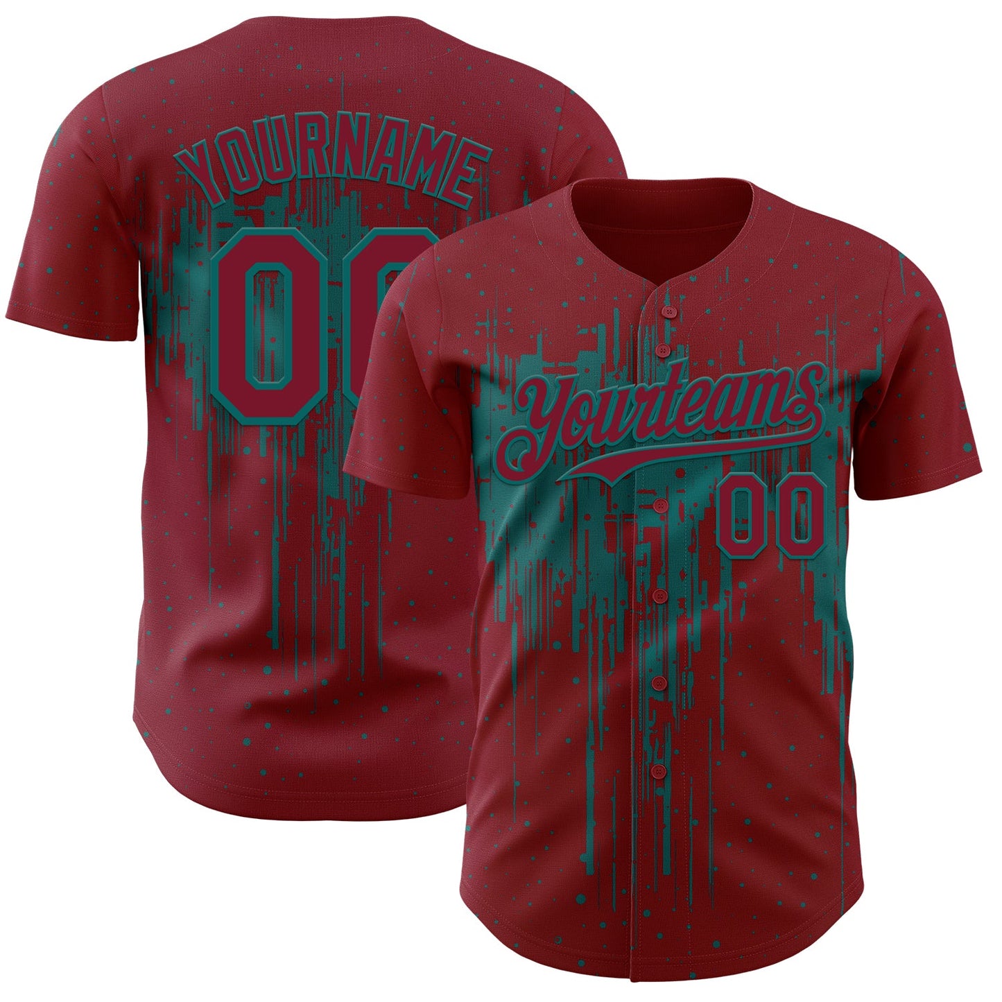 Custom Crimson Teal Dripping Splatter Paint Authentic Baseball Jersey - Main View