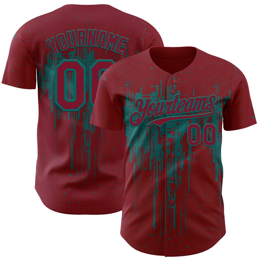 Custom Crimson Teal Dripping Splatter Paint Authentic Baseball Jersey - Main View