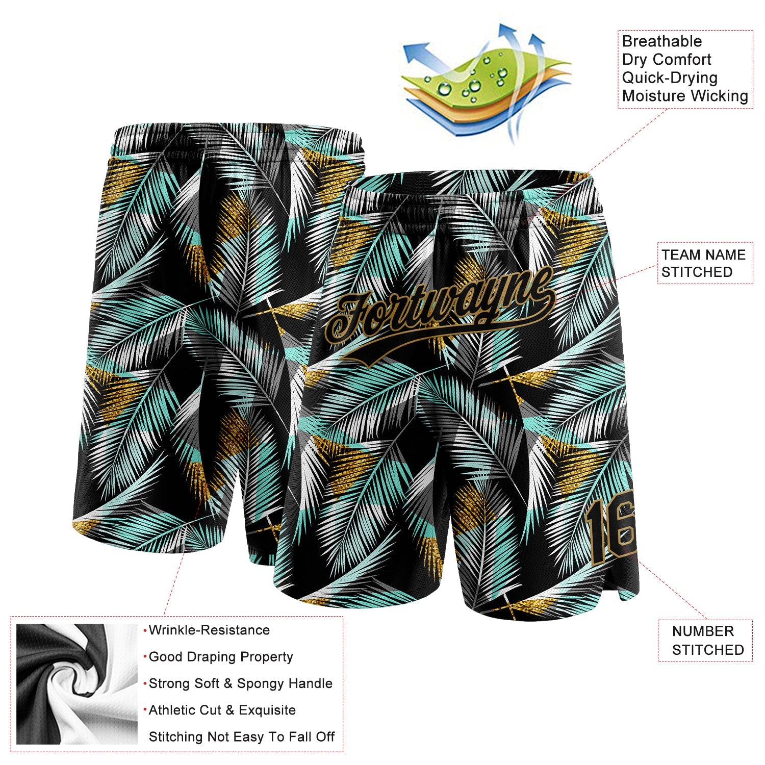 Custom Black Old Gold-Teal 3D Pattern Hawaii Palm Trees Authentic Basketball Shorts view 2