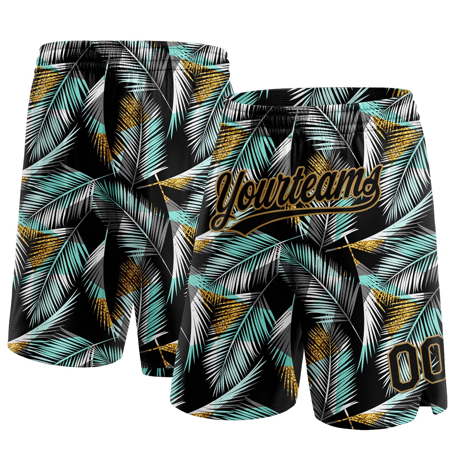 Custom Black Old Gold-Teal 3D Pattern Hawaii Palm Trees Authentic Basketball Shorts - Main View
