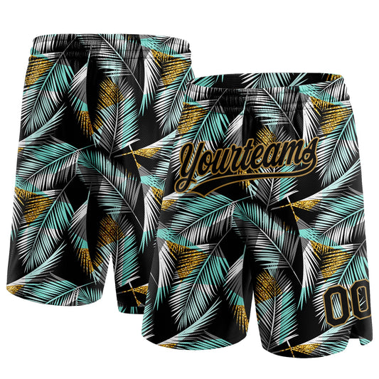 Custom Black Old Gold-Teal 3D Pattern Hawaii Palm Trees Authentic Basketball Shorts - Main View