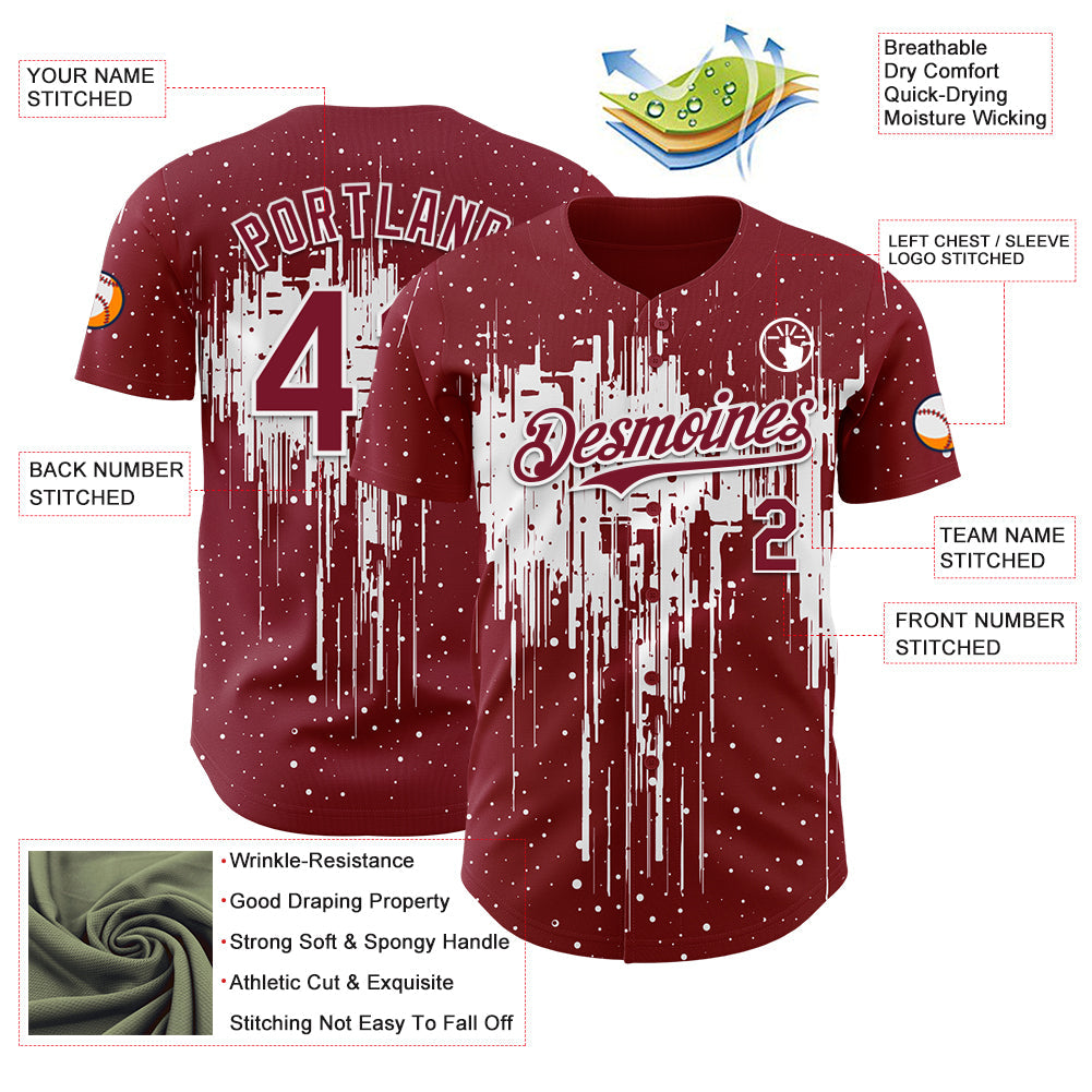 Custom Crimson White Dripping Splatter Paint Authentic Baseball Jersey view 3