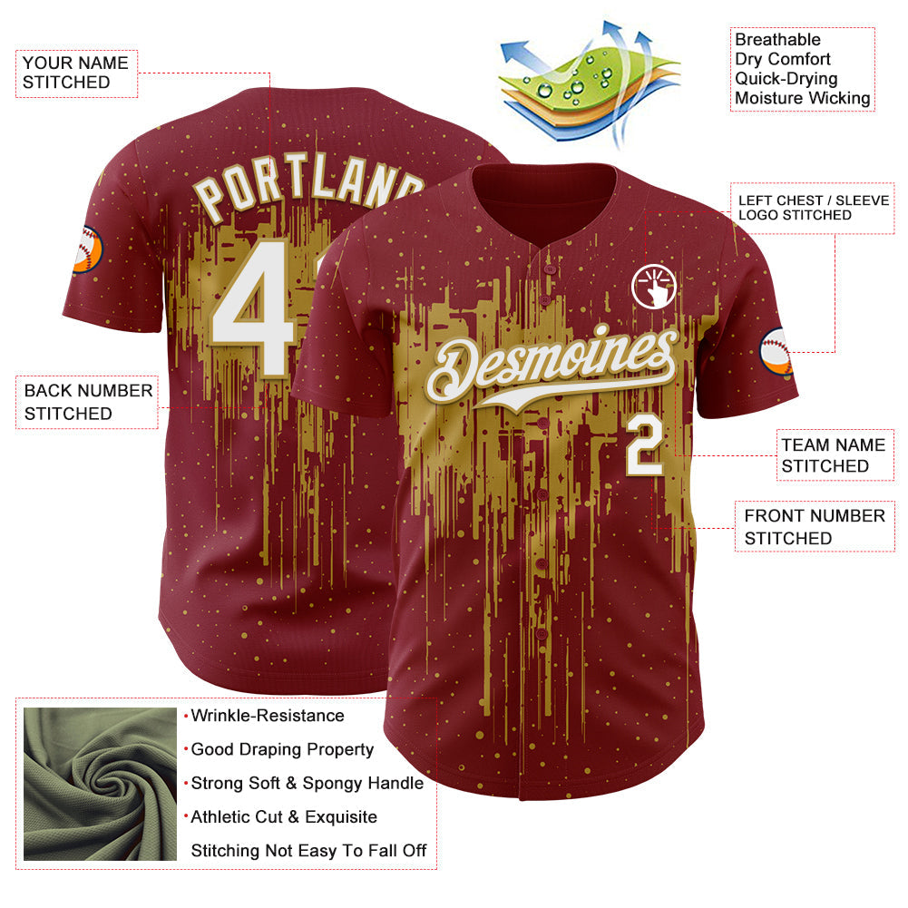 Custom Crimson White-Old Gold Dripping Splatter Paint Authentic Baseball Jersey view 3
