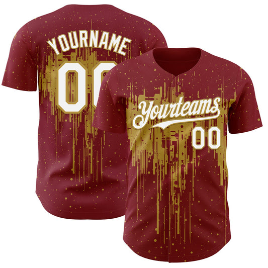 Custom Crimson White-Old Gold Dripping Splatter Paint Authentic Baseball Jersey - Main View