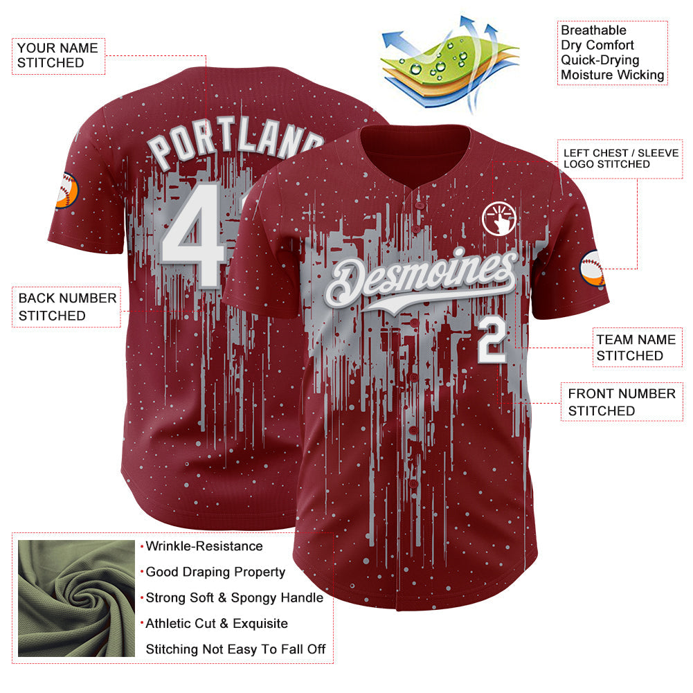 Custom Crimson White-Gray Dripping Splatter Paint Authentic Baseball Jersey view 3