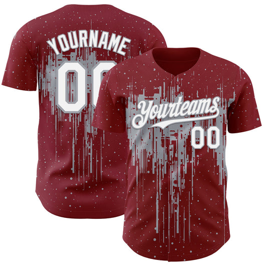 Custom Crimson White-Gray Dripping Splatter Paint Authentic Baseball Jersey - Main View