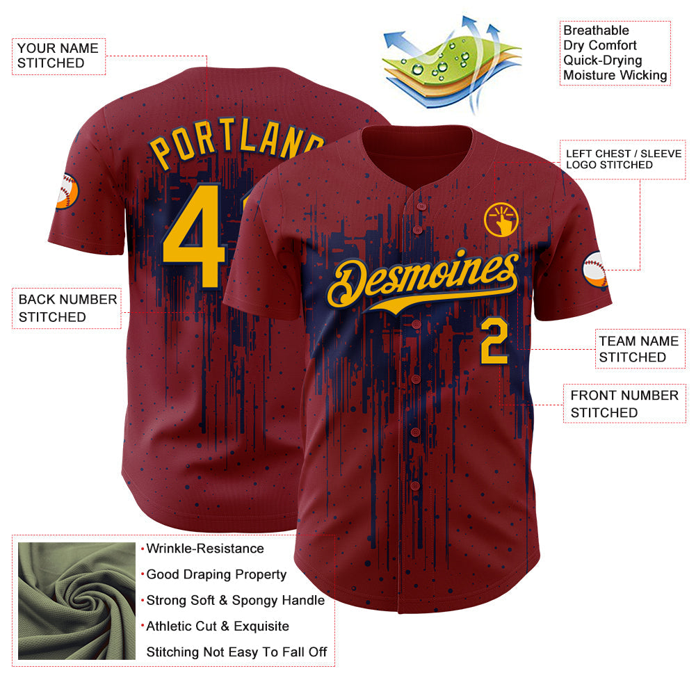 Custom Crimson Gold-Navy Dripping Splatter Paint Authentic Baseball Jersey view 3