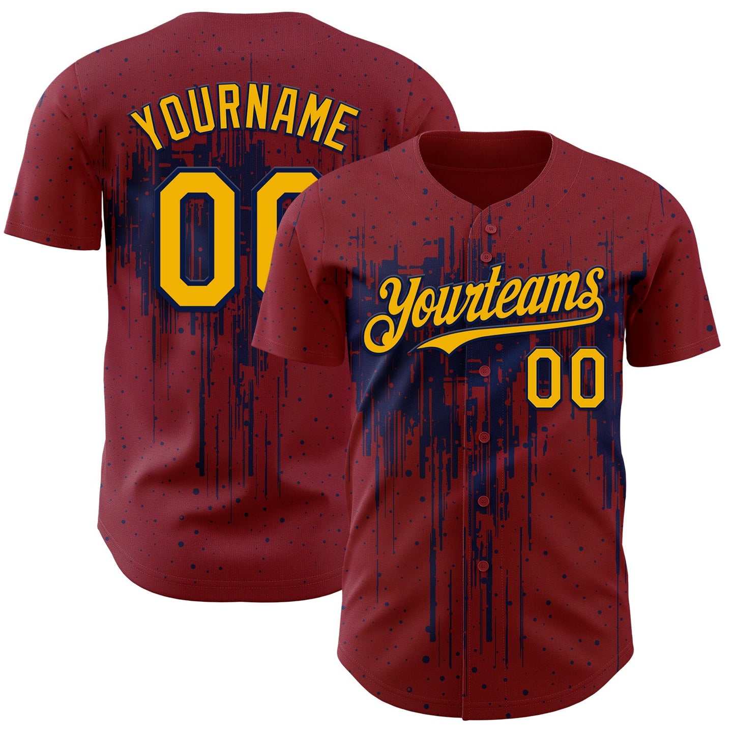 Custom Crimson Gold-Navy Dripping Splatter Paint Authentic Baseball Jersey - Main View