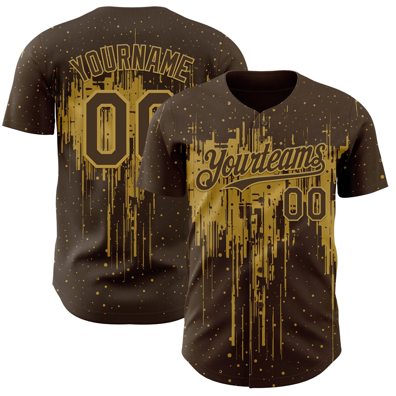 Custom Brown Old Gold Dripping Splatter Paint Authentic Baseball Jersey - Main View