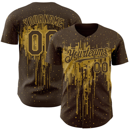 Custom Brown Old Gold Dripping Splatter Paint Authentic Baseball Jersey - Main View