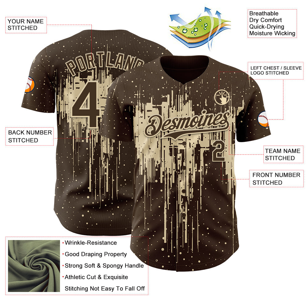Custom Brown Cream Dripping Splatter Paint Authentic Baseball Jersey view 3