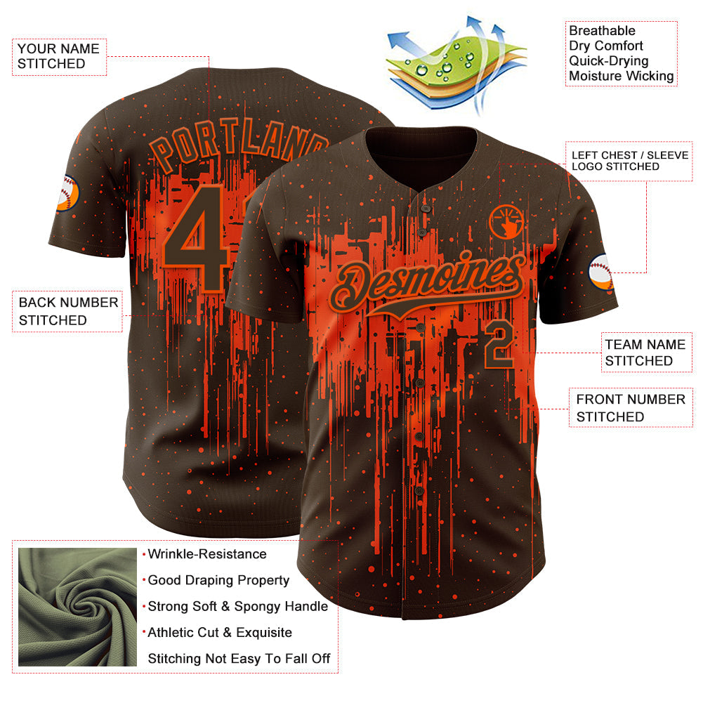 Custom Brown Orange Dripping Splatter Paint Authentic Baseball Jersey view 3
