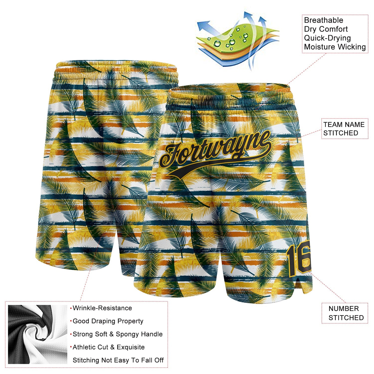 Custom Black Yellow-Midnight Green 3D Pattern Hawaii Palm Leaves Authentic Basketball Shorts view 2