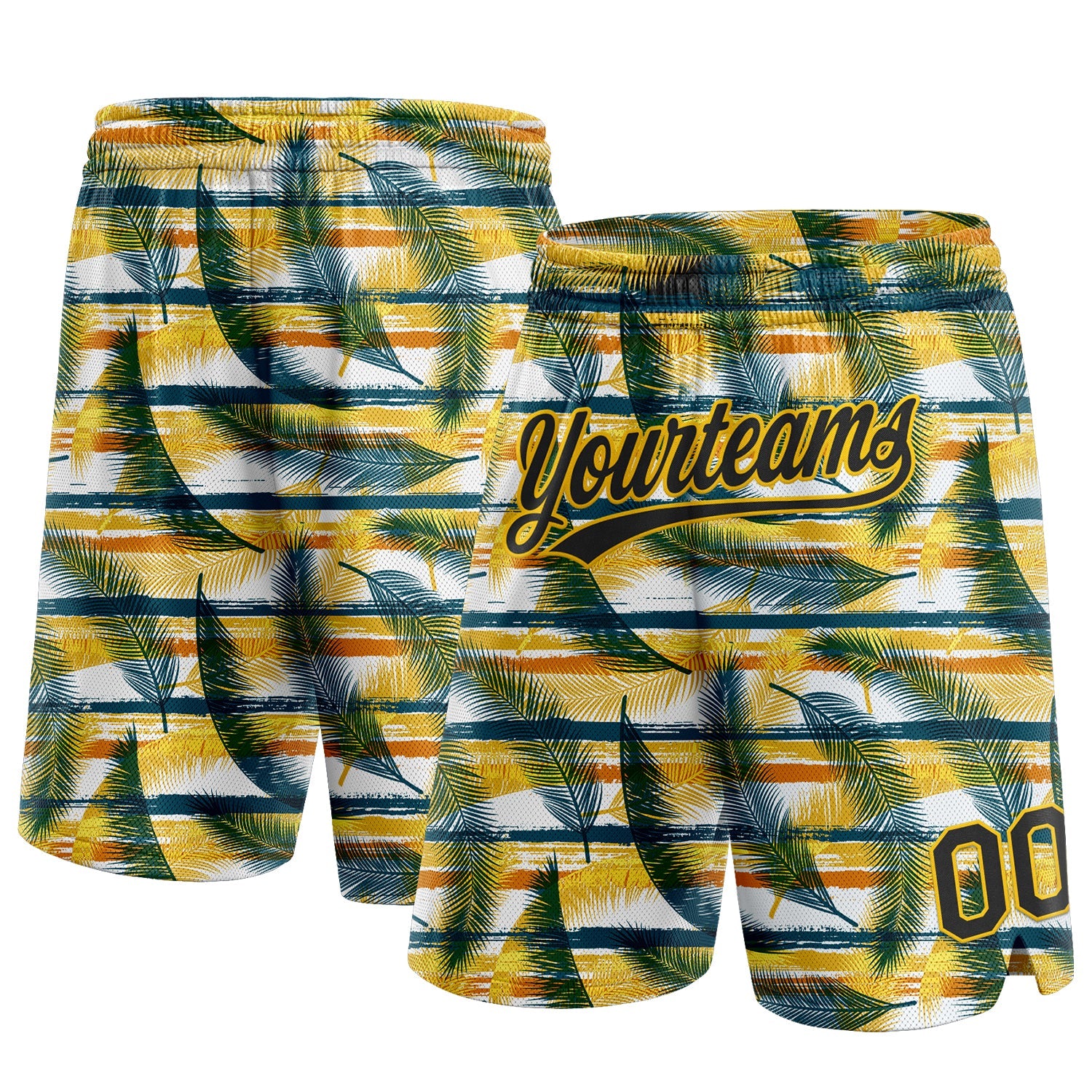 Custom Black Yellow-Midnight Green 3D Pattern Hawaii Palm Leaves Authentic Basketball Shorts - Main View