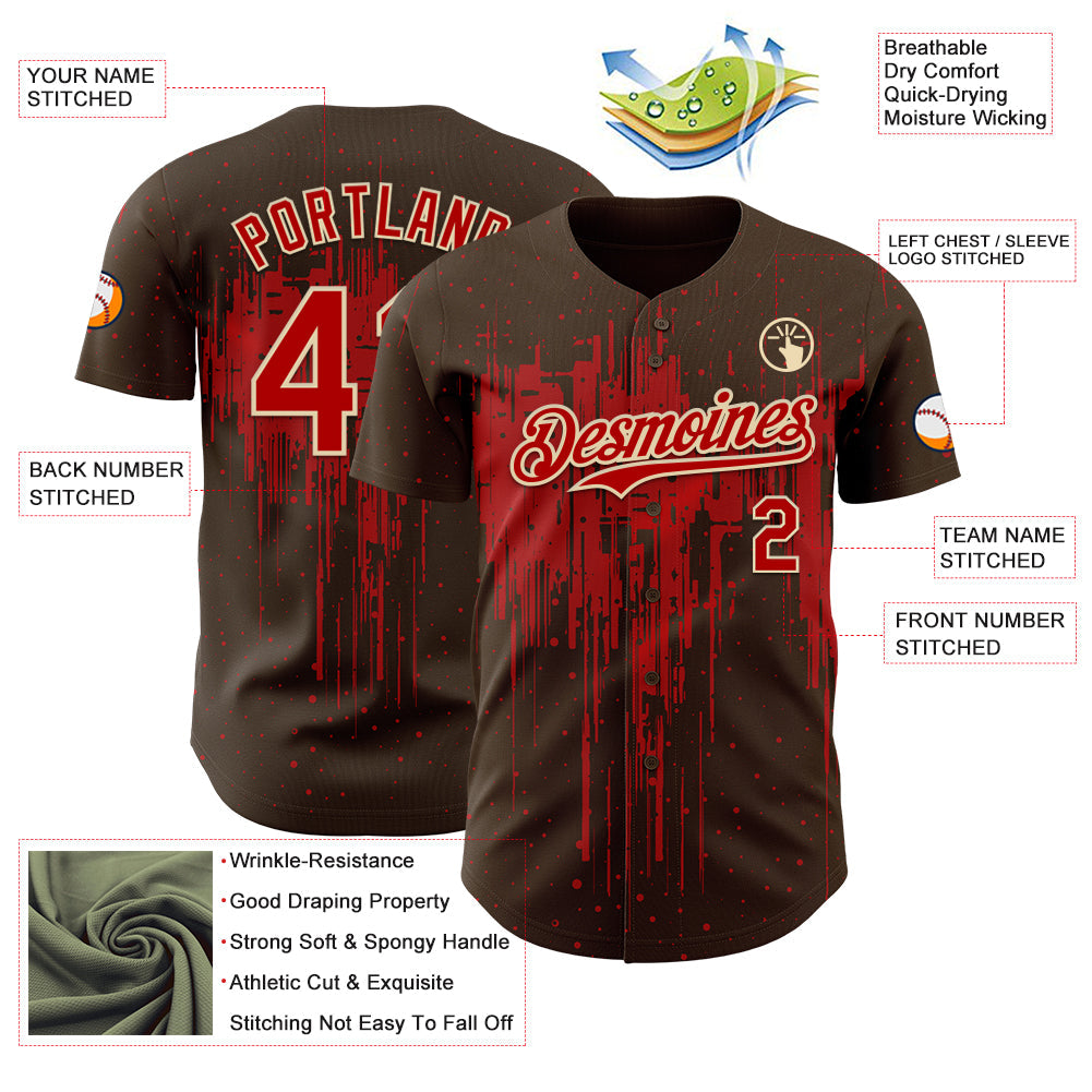 Custom Brown Red-Cream Dripping Splatter Paint Authentic Baseball Jersey view 3