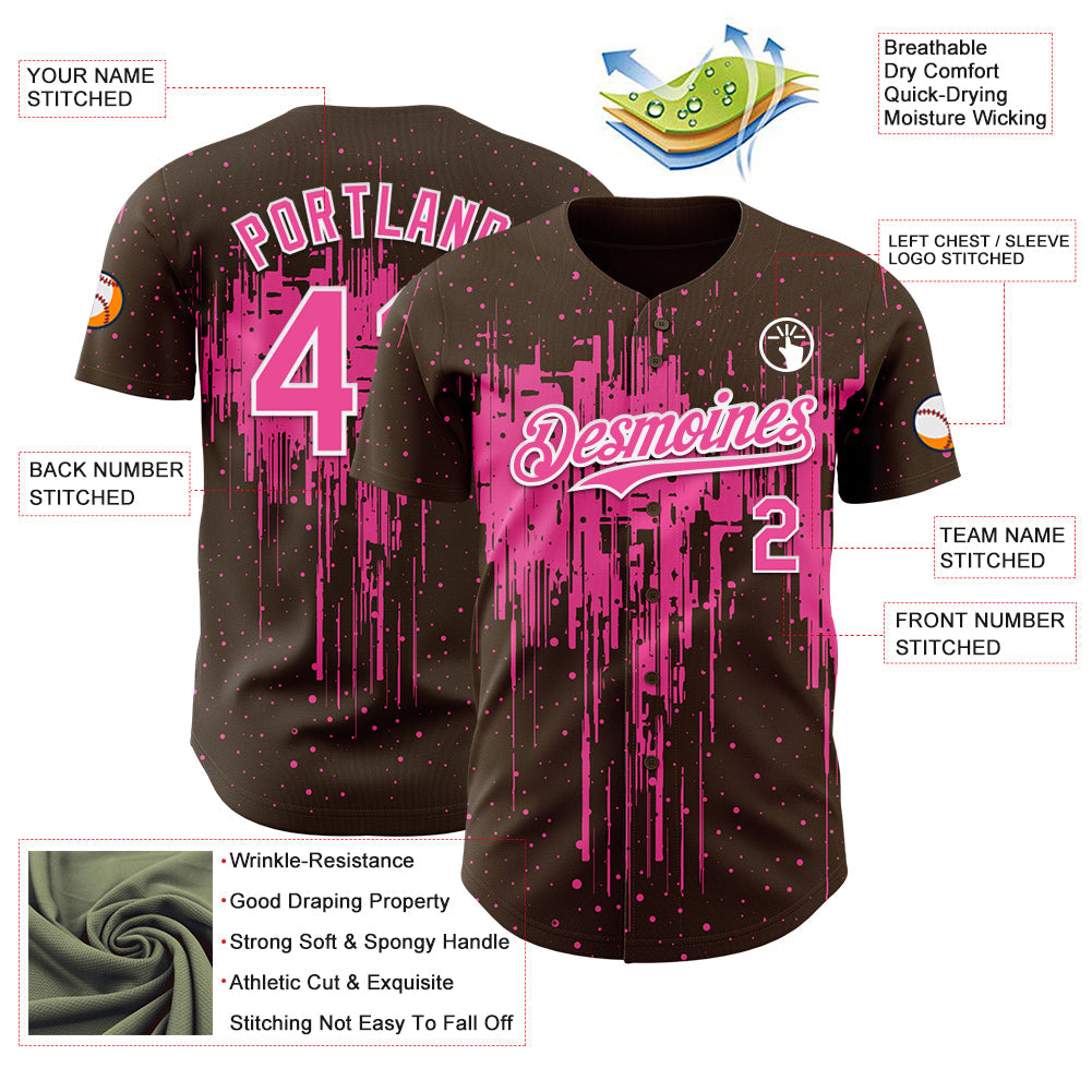 Custom Brown Pink-White Dripping Splatter Paint Authentic Baseball Jersey view 3