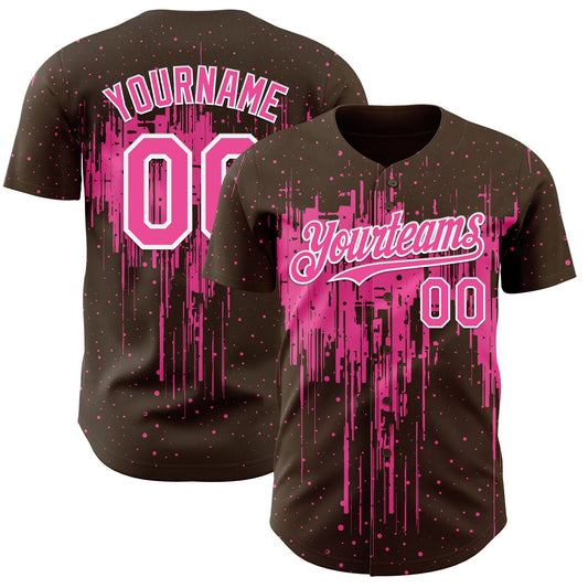 Custom Brown Pink-White Dripping Splatter Paint Authentic Baseball Jersey - Main View