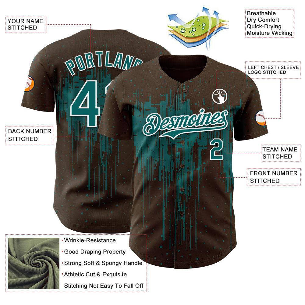 Custom Brown Teal-White Dripping Splatter Paint Authentic Baseball Jersey view 3