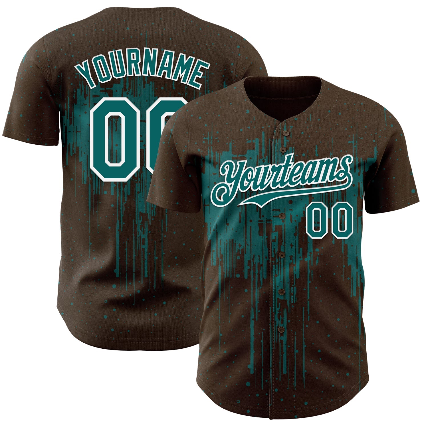 Custom Brown Teal-White Dripping Splatter Paint Authentic Baseball Jersey - Main View
