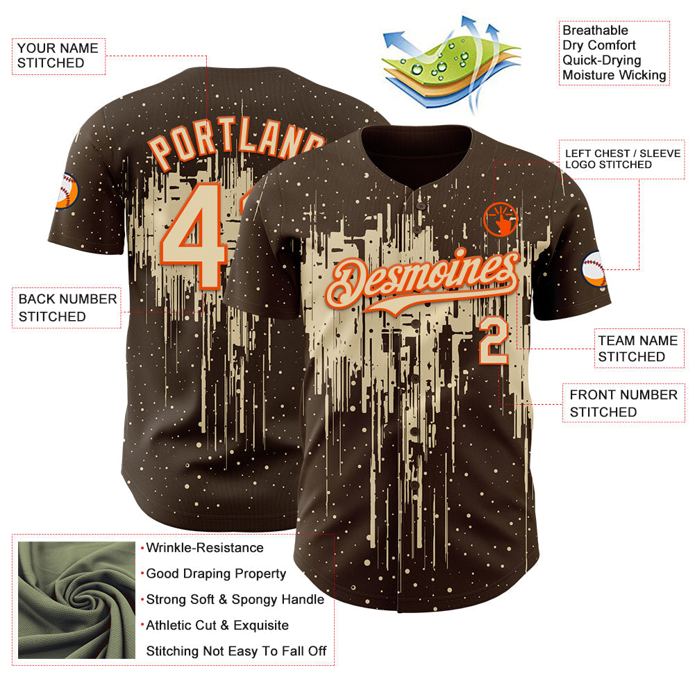 Custom Brown Cream-Orange Dripping Splatter Paint Authentic Baseball Jersey view 3