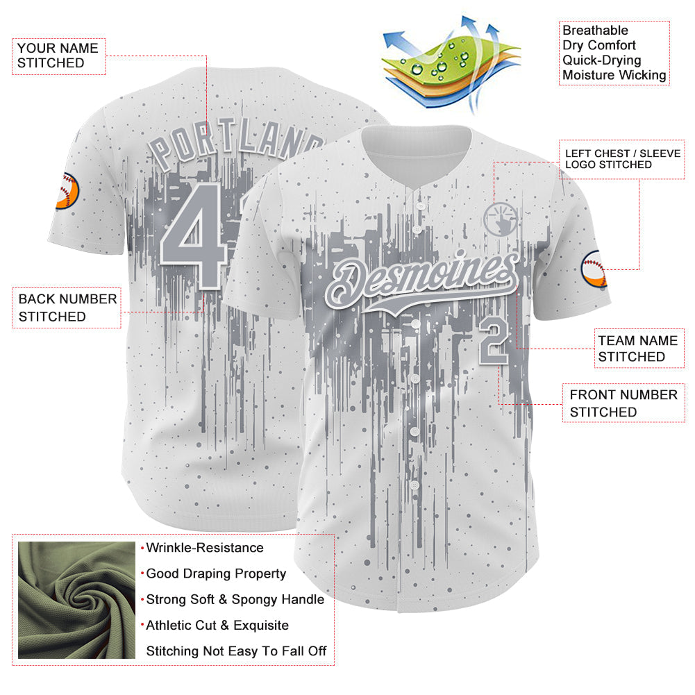Custom White Gray Dripping Splatter Paint Authentic Baseball Jersey view 3