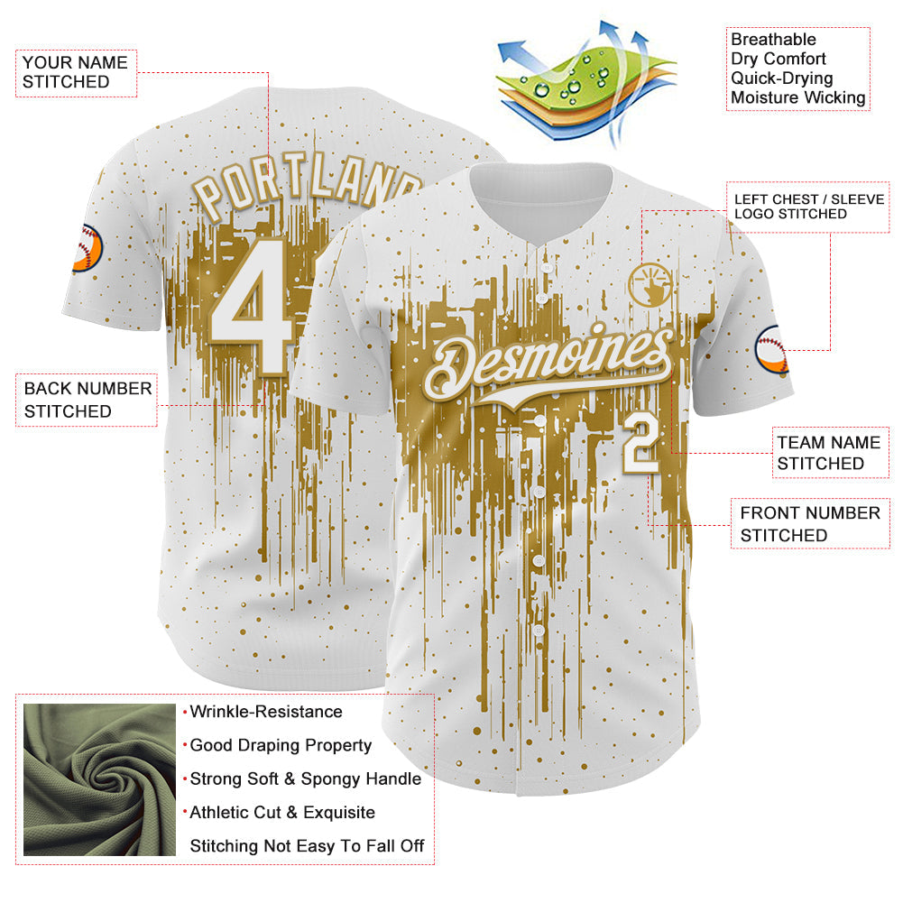 Custom White Old Gold Dripping Splatter Paint Authentic Baseball Jersey view 3