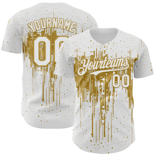 Custom White Old Gold Dripping Splatter Paint Authentic Baseball Jersey - Main View