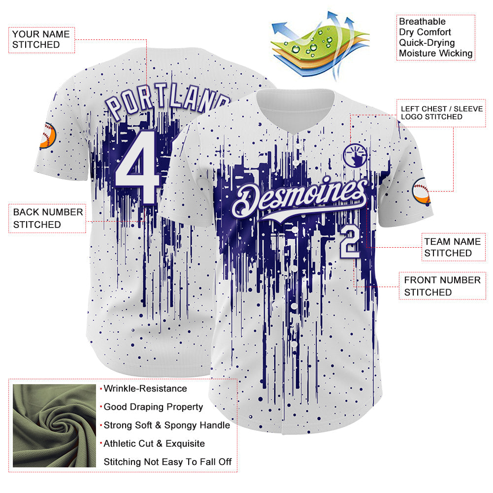Custom White Dark Purple Dripping Splatter Paint Authentic Baseball Jersey view 3