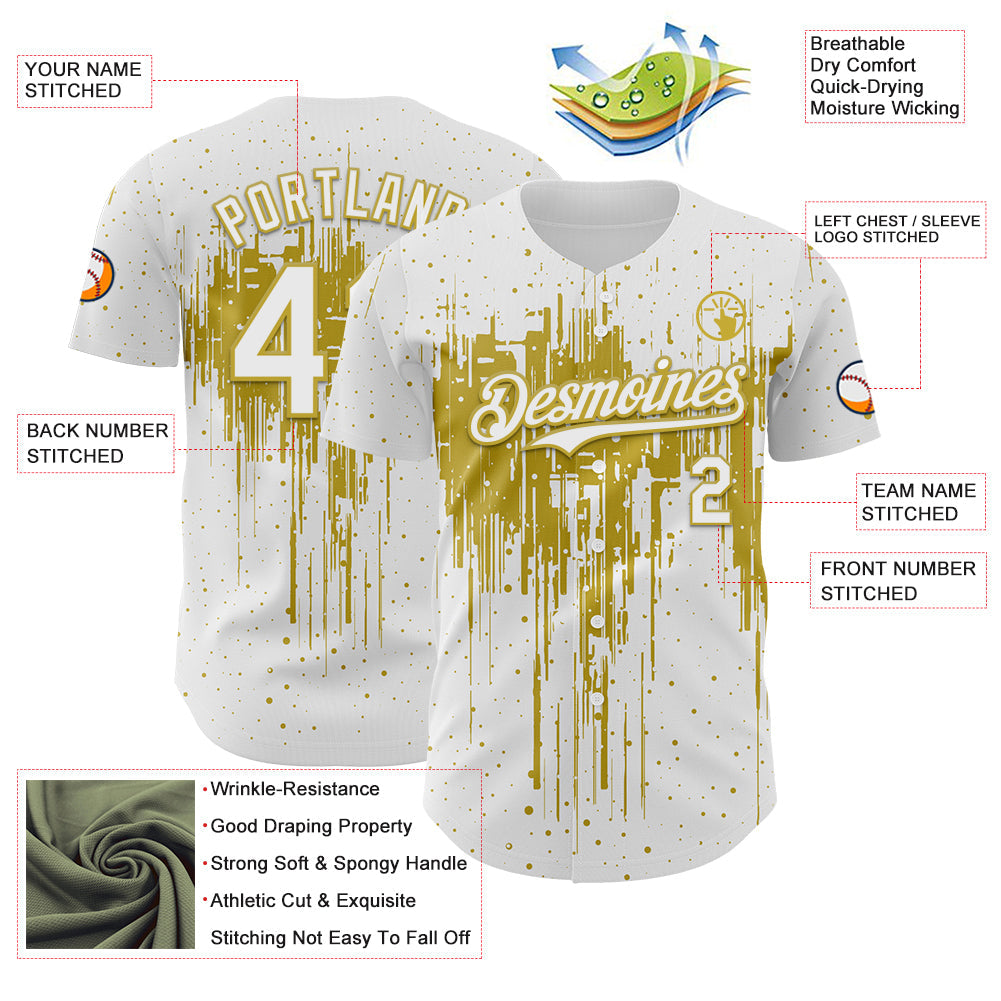 Custom White Old Gold Dripping Splatter Paint Authentic Baseball Jersey view 3
