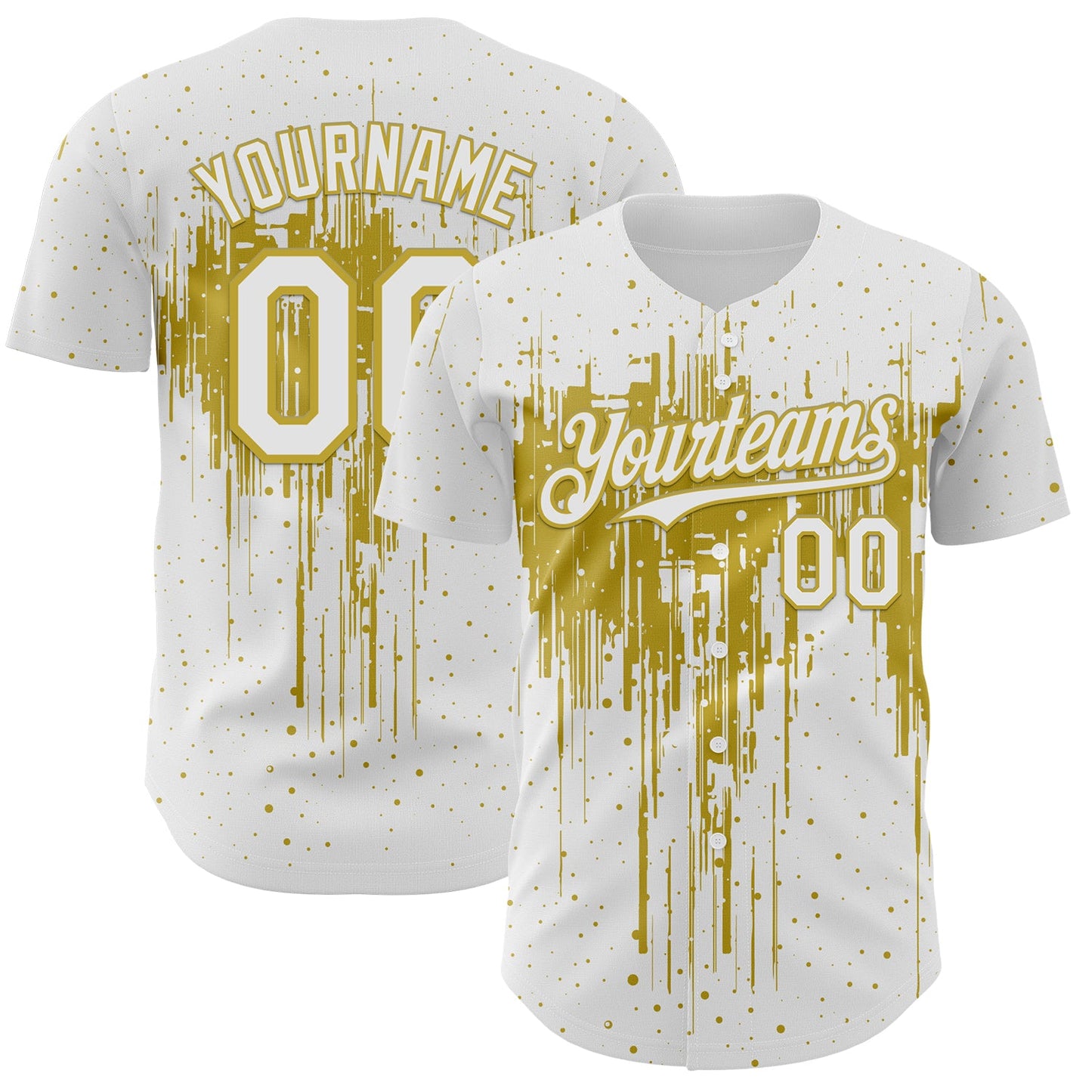Custom White Old Gold Dripping Splatter Paint Authentic Baseball Jersey - Main View