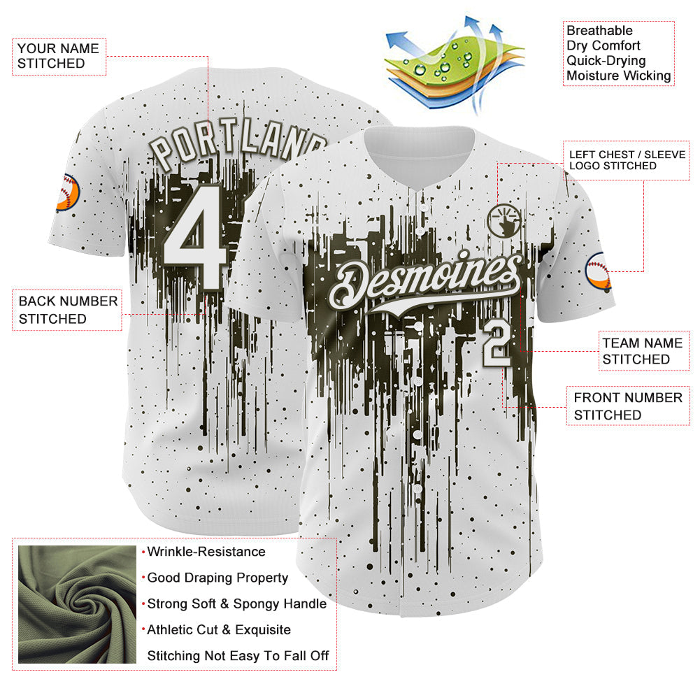 Custom White Olive Dripping Splatter Paint Authentic Baseball Jersey view 3