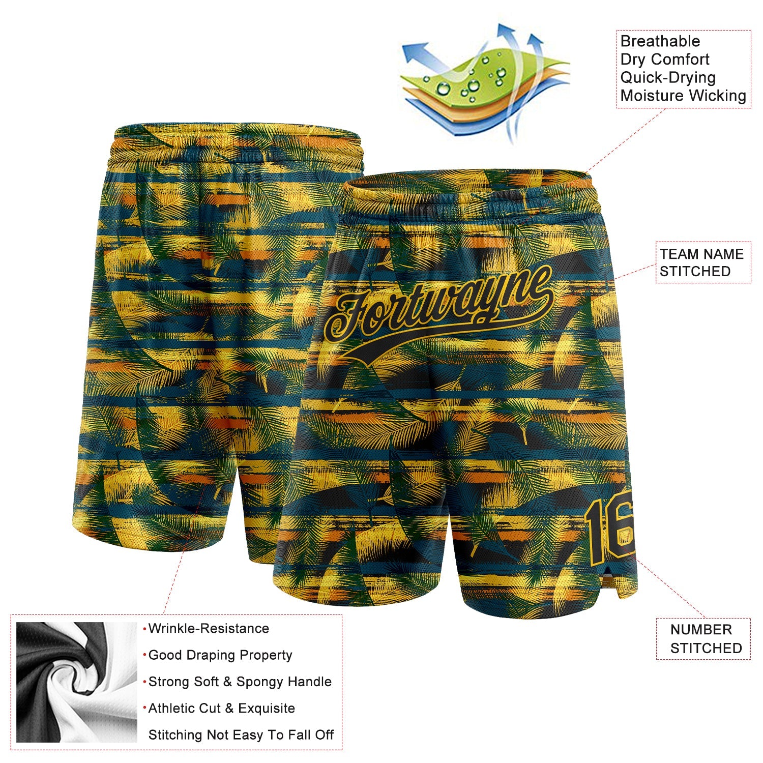 Custom Midnight Green Black-Yellow 3D Pattern Hawaii Palm Leaves Authentic Basketball Shorts view 2