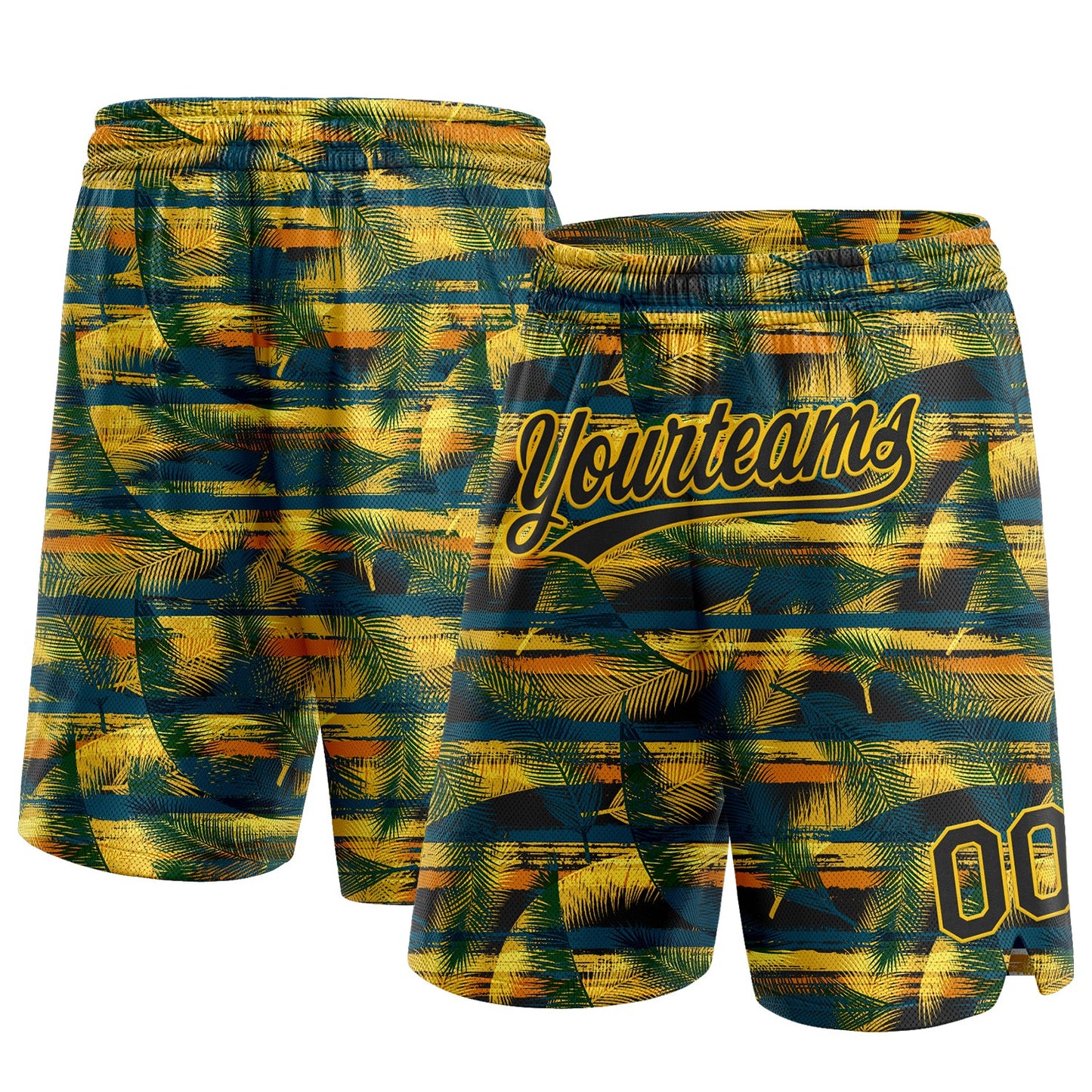 Custom Midnight Green Black-Yellow 3D Pattern Hawaii Palm Leaves Authentic Basketball Shorts - Main View