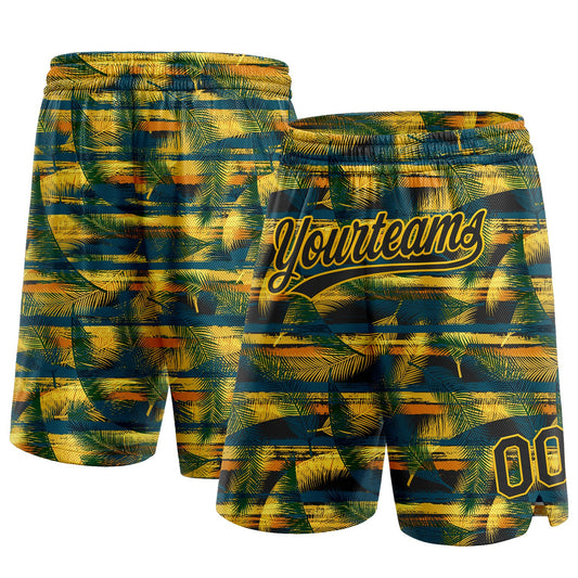 Custom Midnight Green Black-Yellow 3D Pattern Hawaii Palm Leaves Authentic Basketball Shorts - Main View