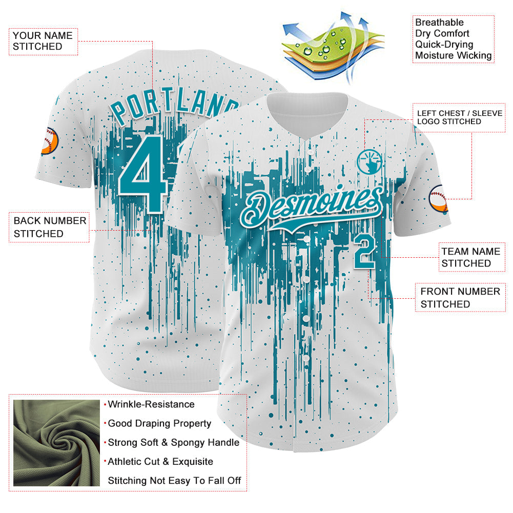 Custom White Teal-White Dripping Splatter Paint Authentic Baseball Jersey view 3