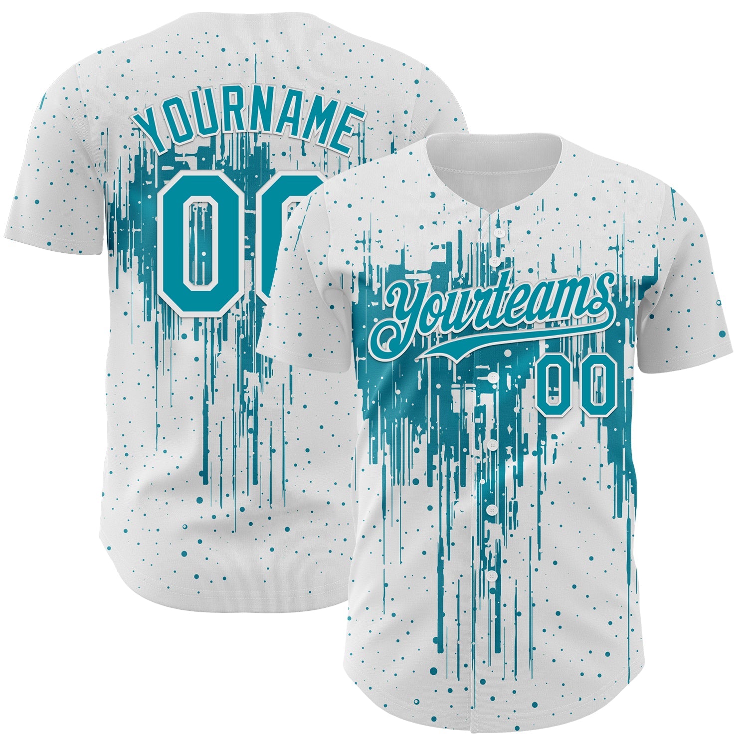 Custom White Teal-White Dripping Splatter Paint Authentic Baseball Jersey - Main View