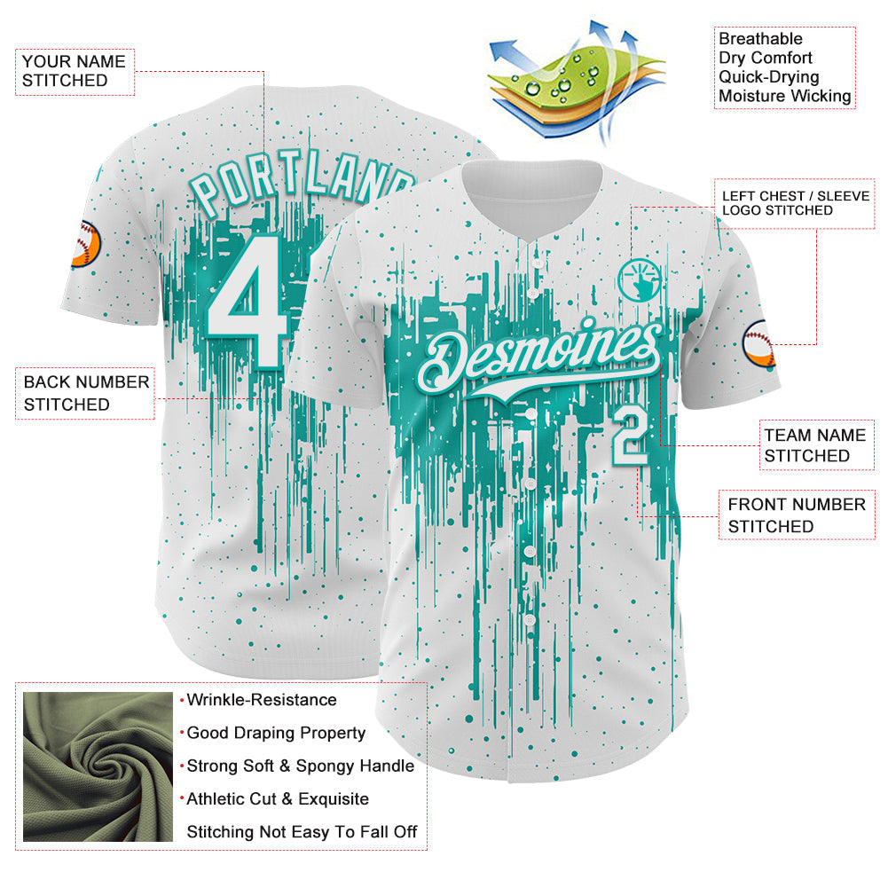 Custom White Aqua Dripping Splatter Paint Authentic Baseball Jersey view 3