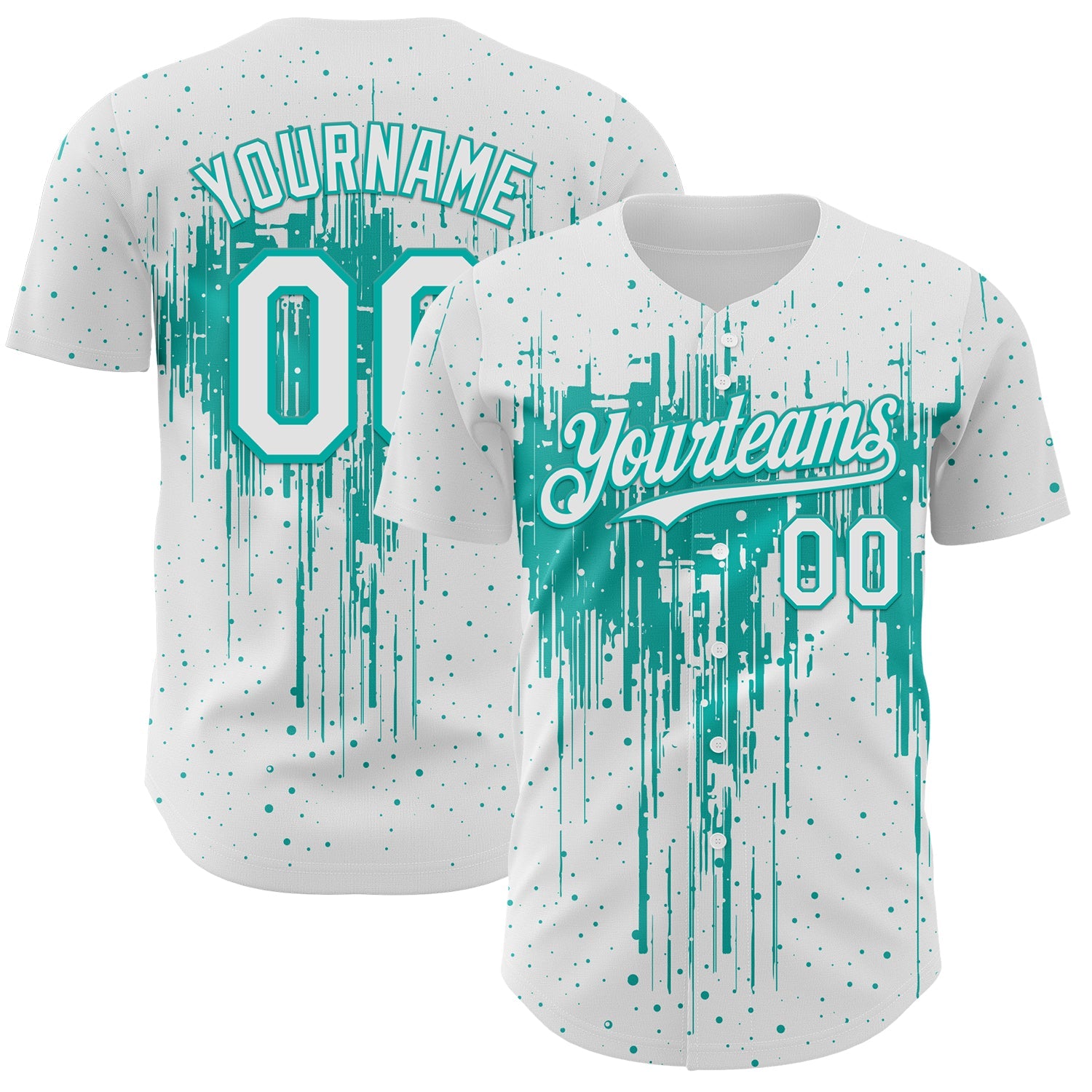 Custom White Aqua Dripping Splatter Paint Authentic Baseball Jersey - Main View