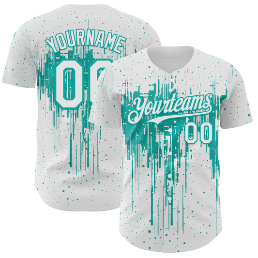 Custom White Aqua Dripping Splatter Paint Authentic Baseball Jersey - Main View