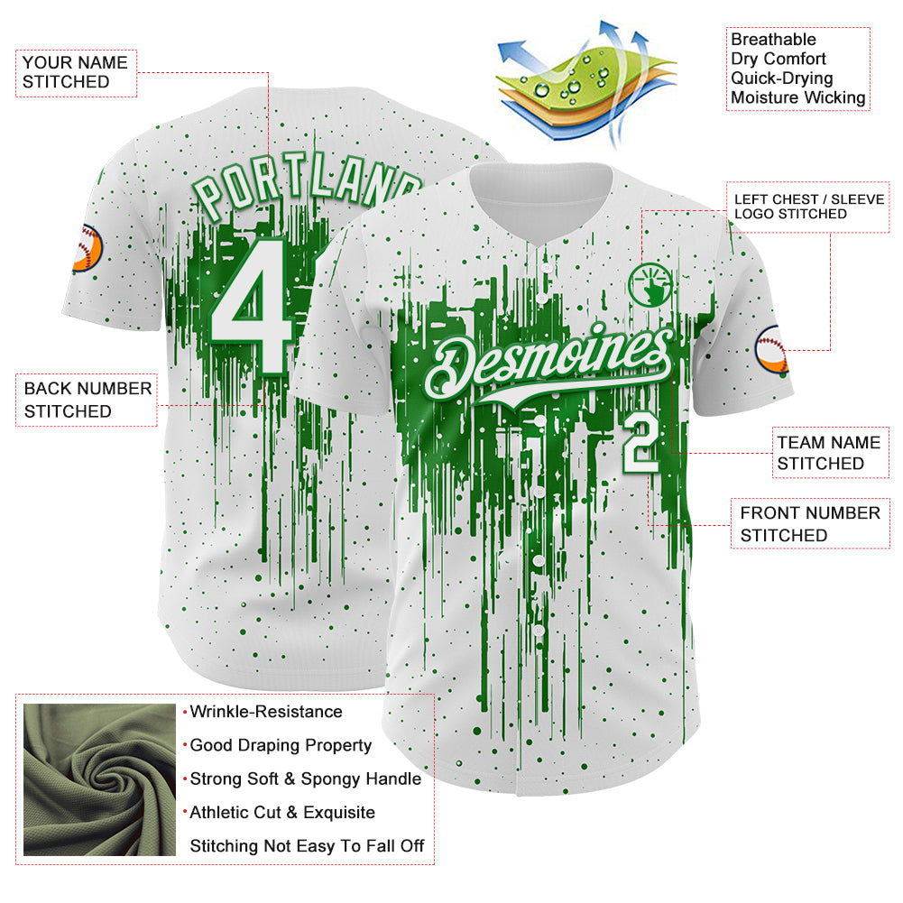 Custom White Grass Green Dripping Splatter Paint Authentic Baseball Jersey view 3