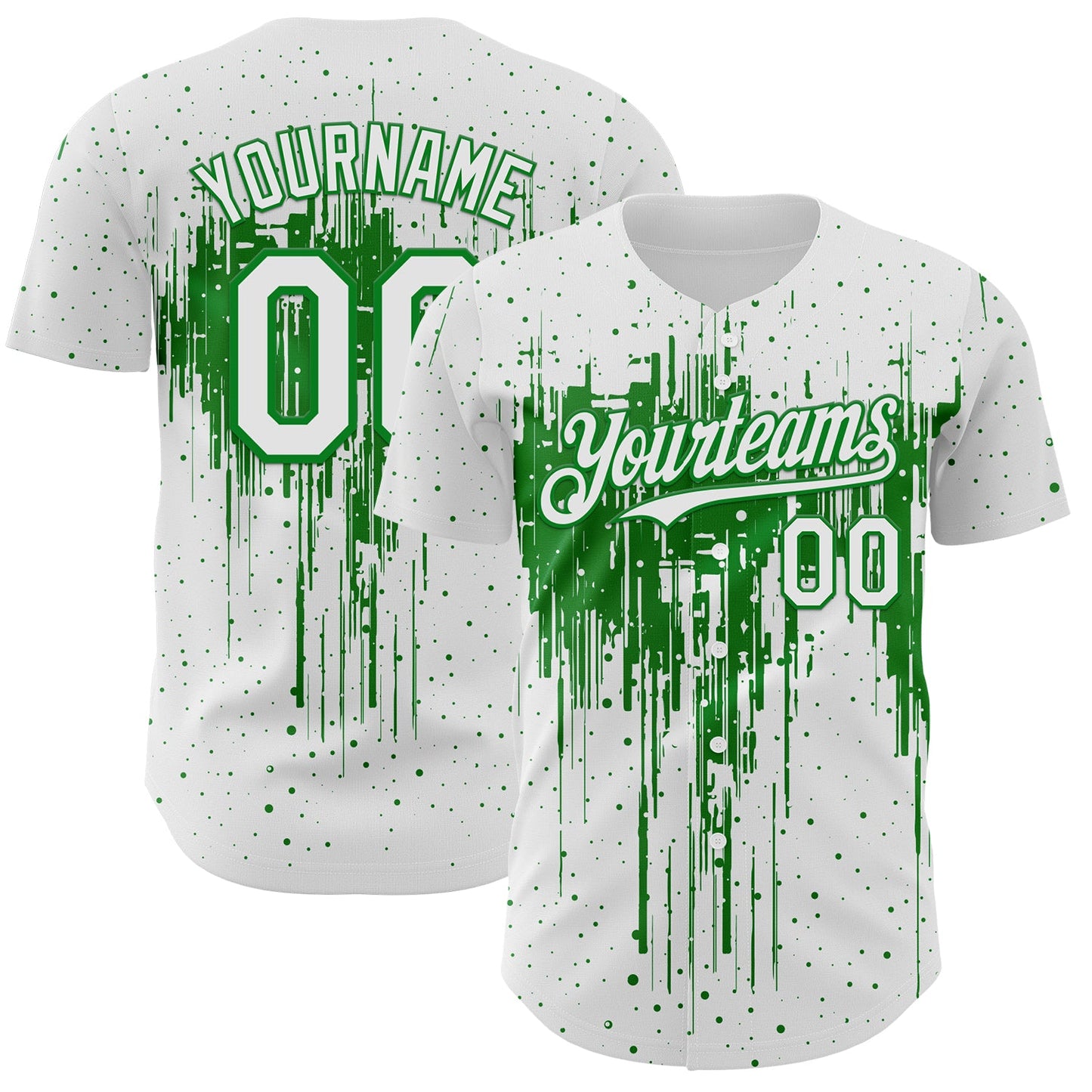 Custom White Grass Green Dripping Splatter Paint Authentic Baseball Jersey - Main View