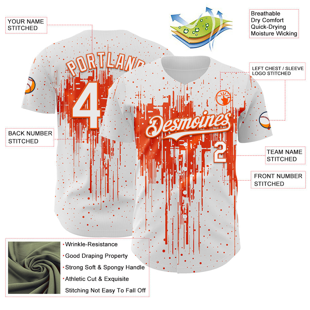 Custom White Orange Dripping Splatter Paint Authentic Baseball Jersey view 3