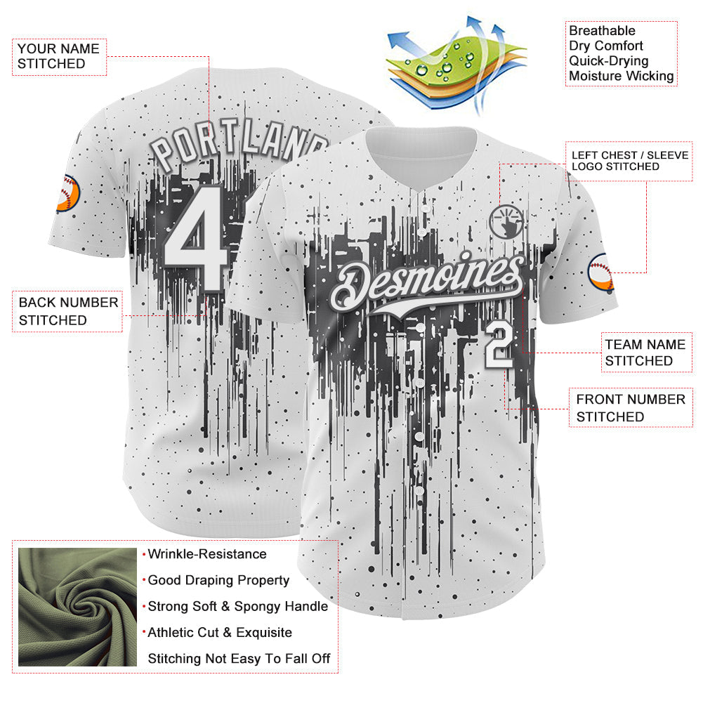 Custom White Steel Gray Dripping Splatter Paint Authentic Baseball Jersey view 3